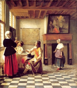 二人の男と給仕する女と酒を飲む女 ジャンル ピーテル・デ・ホーホ Oil Paintings